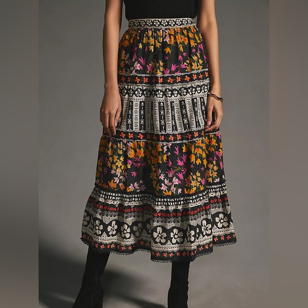 Farm Rio Floral Patchwork Tiered Midi Skirt Multicolor Size Medium NWT